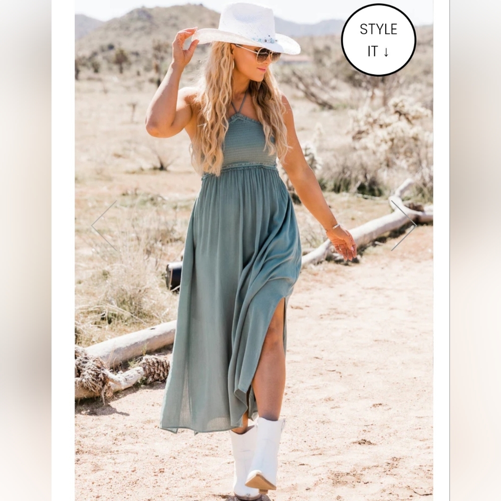 NOT A CARE IN THE WORLD TEAL HALTER MAXI DRESS